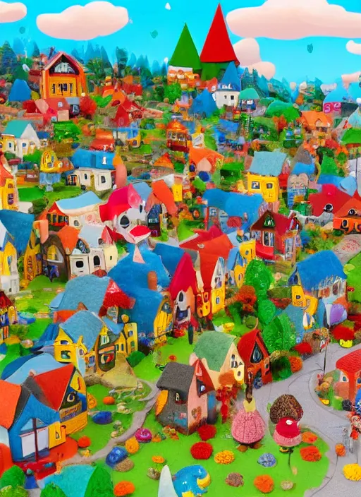 Prompt: cute vibrant felt town with happy gnome villagers with a felt dragon attacking