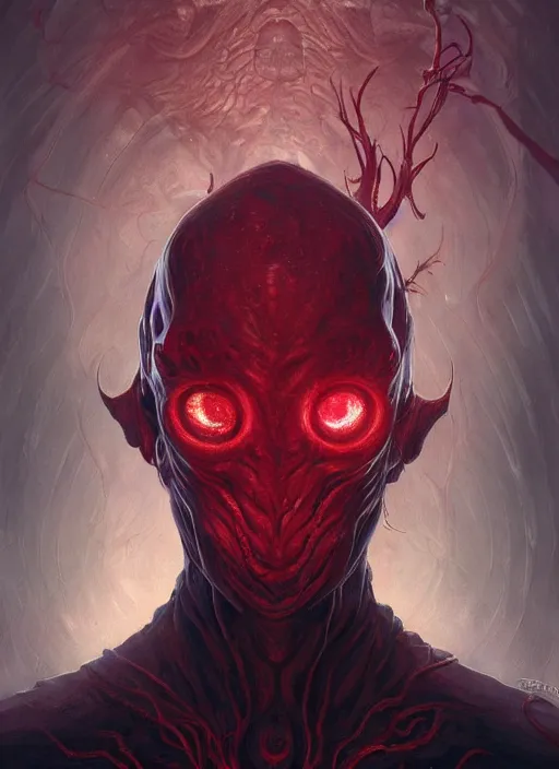 Image similar to Portrait of a Mind Flayer, red glowing eyes, fantasy, extremely detailed, digital painting, artstation, concept art, smooth, sharp focus, illustration, stunning lighting, art by artgerm and greg rutkowski and alphonse mucha and simon stalenhag, realistic character concept, high fantasy, dark atmosphere, golden ratio, cinematic lighting, hyperdetailed, high resolution, insanely detailed and intricate, artstation, Marc Simonetti, Greg Rutkowski, 8k