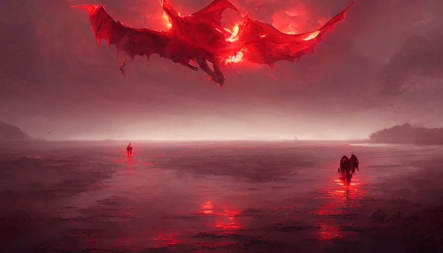 Image similar to bloody river in hell, by greg rutkowski, people walking into the horizon, red river, dragon flying in sky, trending on artstation