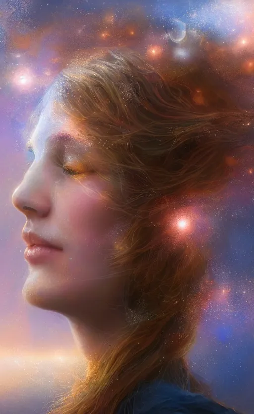 Image similar to peaceful uncertainty of saying goodbye, crossing over the spiritual veil to heaven, sharp focus, intricate, elegant, digital painting, artstation, matte, highly detailed, concept art, illustration, volumetric lighting, gold and blue and pink color scheme, bokeh light, art by greg olsen and liz lemon swindle