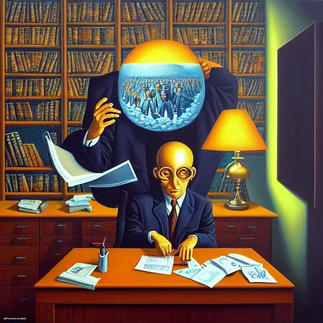 Prompt: an oil on canvas portrait of a business man in his office studying, surrealism, surrealist, cosmic horror, rob gonsalves, high detail