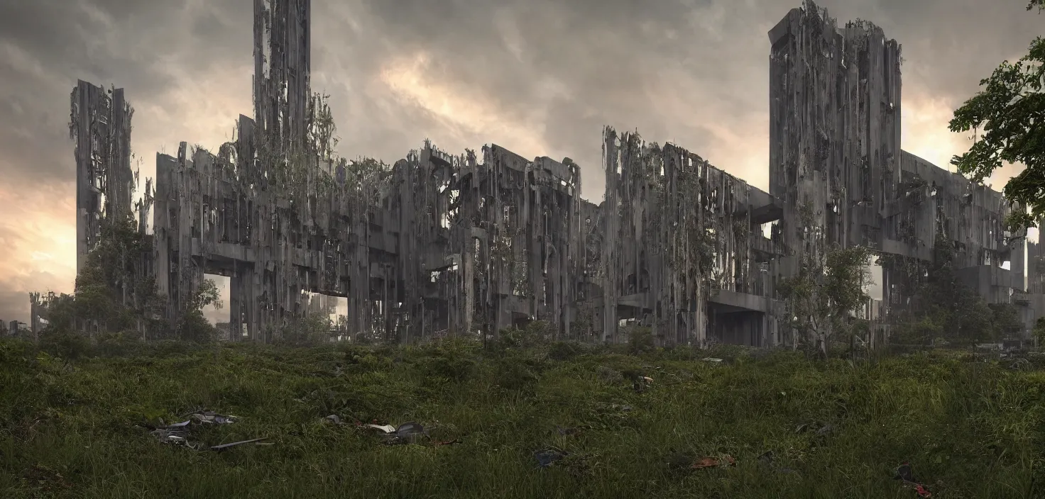 Image similar to an extremely detailed cathedral of brutalist architecture, surrounded by lush green vegetation, stunning volumetric lighting, sunset, rusted metal, concrete, translucent material, stunning skies, scattered rubbish and debris, 8k, photorealistic, hyper detailed, unreal engine 5, IMAX quality, cinematic, epic lighting, digital painting in the style of DOOM and Quake, by Greg Rutkowski, trending on Artstation