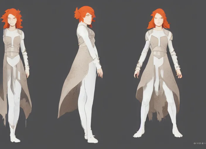 Image similar to character sheet for a ginger woman, mage, light white clothes, for dragon age by greg rutkowski, by studio ghibli, digital art, trending on artstation, hd, 8 k, highly detailed, good lighting, beautiful, masterpiece