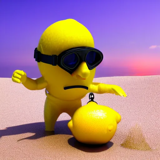 Image similar to 3 d octane render of an anthropomorphic lemon character, with lemon skin texture, it is wearing a hat and scuba diving suit, it's seen building a sandcastle on the beach at sunset, beach, huge waves, sun, clouds, long violet and green trees, rim light, cinematic photography, professional, sand, san dcastle, volumetric lightening