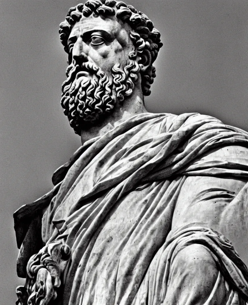 Prompt: marcus aurelius, emperor of rome, disappointed in humanity, grainy vintage photo 3 5 mm film