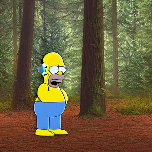 Image similar to Homer Simpson in the woods photo realistic creepy 4K