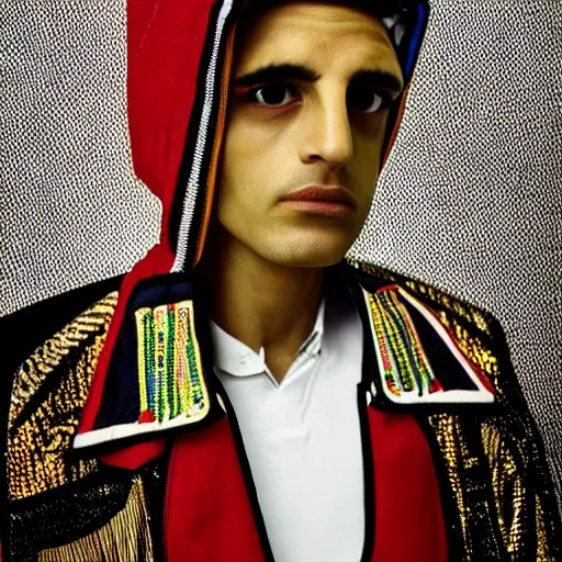 Image similar to A pharaoh wearing a varsity jacket, portrait, by Mario Testino, Stephane Sednaoui, Dario Argento