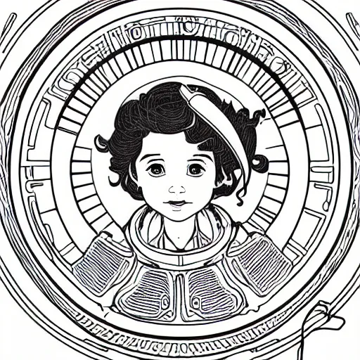 Prompt: clean simple line art of a cute little girl with short wavy curly hair. she is dressed as an astronaut. no background. well composed, clean coloring book page, beautiful detailed face. coloring book line art by artgerm and greg rutkowski and johanna basford and alphonse mucha