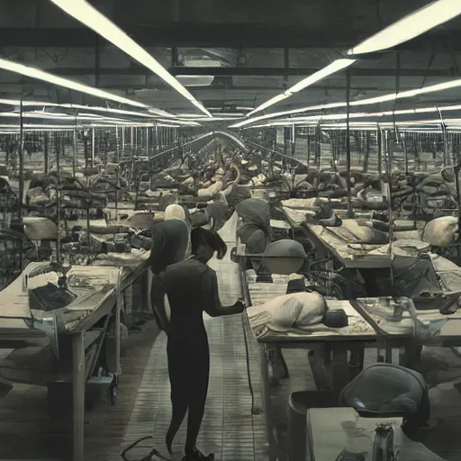 Image similar to evil souls being produced in surreal sweatshop odyssey under fluorescent light hell, advanced, photorealistic, realistic, dramatic lighting, fantastic reality, by stefan bakałowicz, 8 k resolution