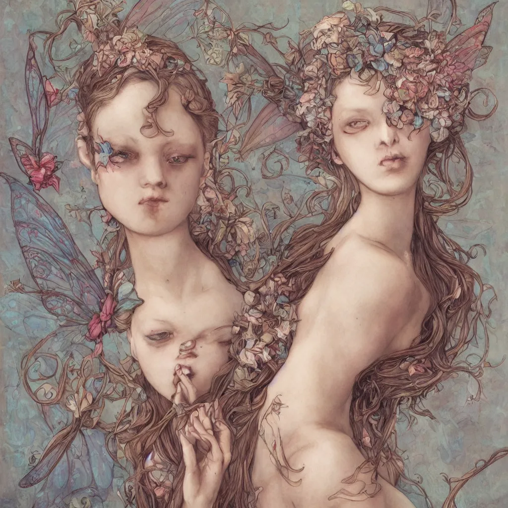 Image similar to focused portrait of a nymph fairy by james jean, single face