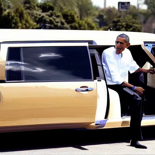 Image similar to barack obama on pimp my ride sitting in his newly upgraded presidential limo complete with a playstation 2, and a minibar. there are also neon lights in the interior.