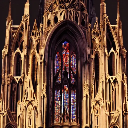 Image similar to movie shot, landcape, architectural shot, no decaying lines, background of an alabaster gothic cathedral, with long ephimeral windows with reflection of red flames, as subject a gothic woman with an intricate arabesque detailed black dressed, macro head face