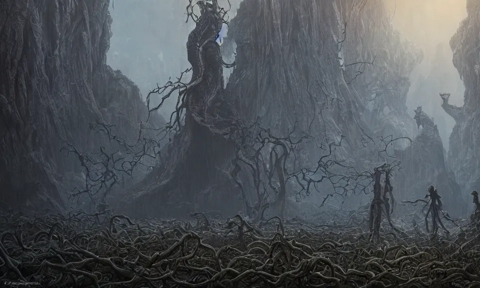 Prompt: A highly detailed 4K fantasy matte painting of vecna from stranger things season 4, up close, zdzislaw beksinski, ArtStation, CGSociety, Unreal Engine