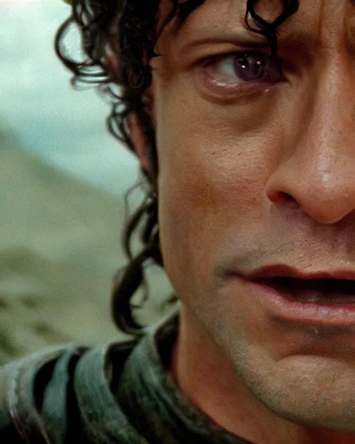 Image similar to film still close up shot of dwayne johnson as frodo baggins in the movie the lord of the rings. photographic, photography