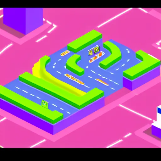 Image similar to isometric top-down driving game, hilly track, jumps, obstacles on the road, isometric, arcade, retro, mame, pixel graphics, tube display filter