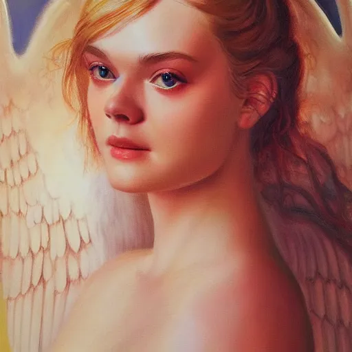 Image similar to ultra realistic portrait painting of elle fanning as an angel, art by frank frazetta, 4 k, ultra realistic, highly detailed, epic lighting