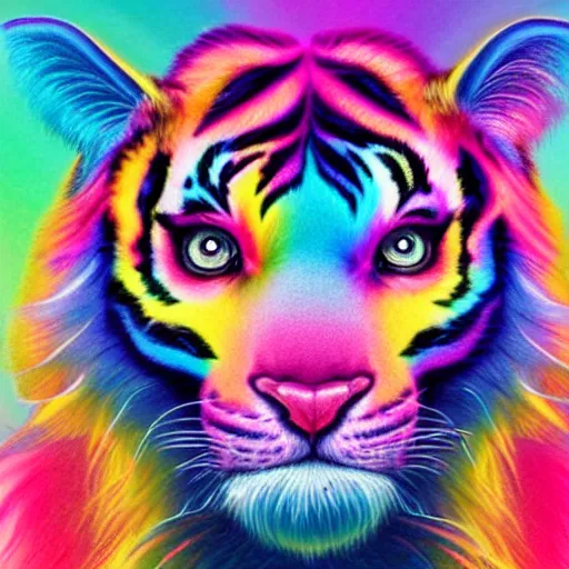 Image similar to Rainbow tiger roaring, silky pastel rainbow fur, chromatic aberration, cute, playful, harper's bazaar, pearlescent, featured on artstation, by Lisa Frank, by Moebius, by Kelly McKernan, by Charlie Bowater, by Laura rubin, 8k