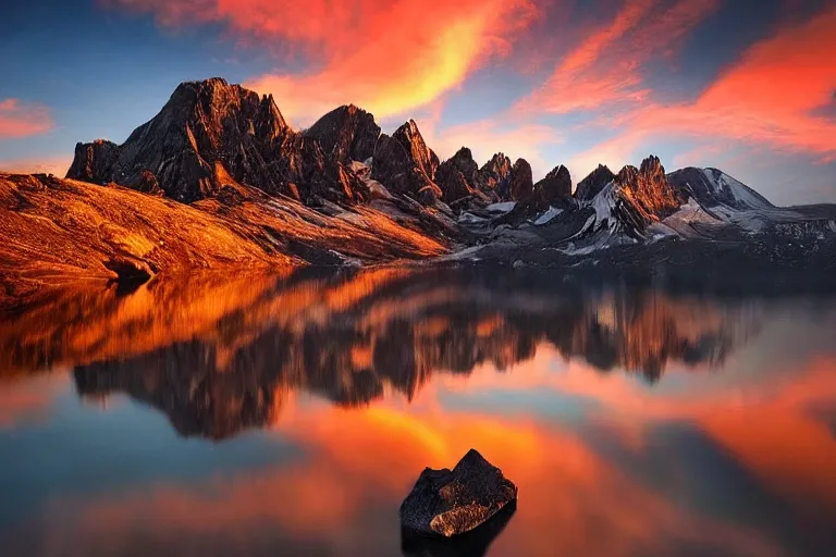 Image similar to amazing landscape photo of mountains with lake in sunset, falling bombs, by marc adamus beautiful dramatic lighting, Gediminas Pranckevicius