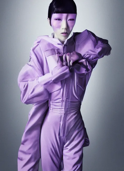 Image similar to a portrait by nick knight of a japanese girl detailed features wearing a pilot suit wedding dress synthetic materials, jumpsuits chic'techno fashion trend by balenciaga dramatic purple light