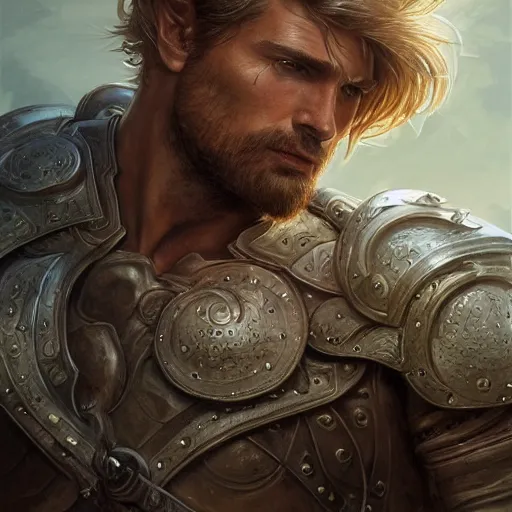 Image similar to portrait of a ruggedly handsome paladin, soft hair, muscular, half body, leather, hairy, d & d, fantasy, intricate, elegant, highly detailed, digital painting, artstation, concept art, smooth, sharp focus, illustration, art by artgerm and greg rutkowski and alphonse mucha