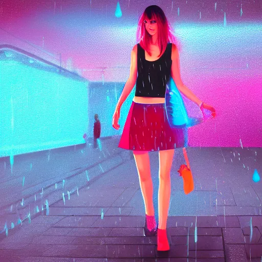 Prompt: digital illustration of a beautiful wet girl wearing a short skirt in the rain interacting with a holographic interface on a wall in a future cyber punk style city trending on art station