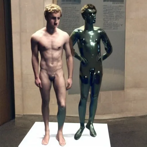 Image similar to “a realistic detailed photo of a guy who is an attractive humanoid who is half robot and half humanoid, who is a male android, British diver Jack Laugher & Chris Mears, shiny skin, posing like a statue, blank stare, at the museum, on display”