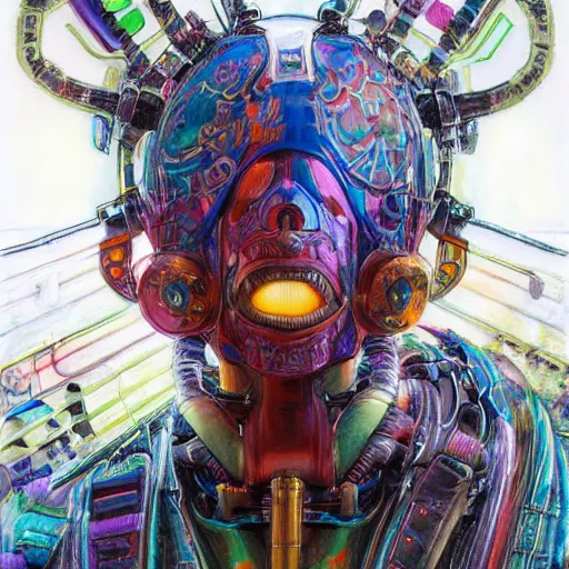 Prompt: low angle shot of a vibrant multicolor cyberpunk gazmask robot character, intricate, elegant, highly detailed, centered, digital painting, artstation, concept art, smooth, sharp focus, illustration, artgerm, Tomasz Alen Kopera, Peter Mohrbacher, donato giancola, Joseph Christian Leyendecker, WLOP, Boris Vallejo