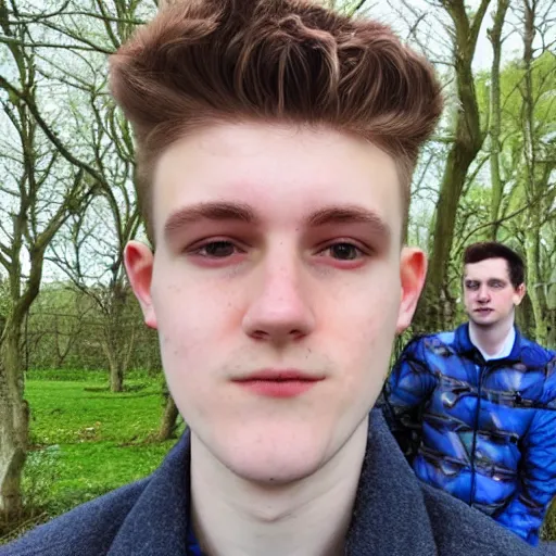 Image similar to A Selfie by a scottish 20 year old man infront of leaves filling the screen. Blue jacket wearing man with short hair and short facial hair. Short bearded man with brown hair. HD stunning photograph by Canon. Looking directly towards camera this man with a triangular thin shape and thin nose is off center to the left of the frame.