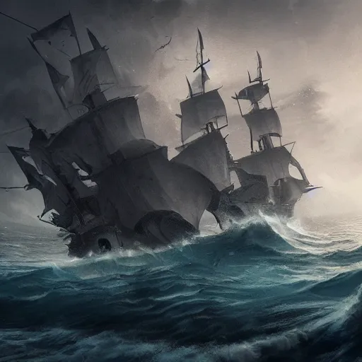 Image similar to A pirate ship in the middle of the sea during a storm, fantasy art, in the style of greg rutkowski, illustration, epic, fantasy, intricate, hyper detailed, artstation, concept art, smooth, sharp focus, ray tracing