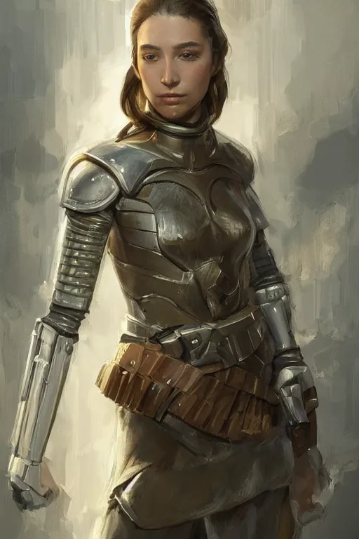 Image similar to a professional painting of a beautiful young female, clothed in military armor, olive skin, long dark hair, beautiful bone structure, symmetrical facial features, intricate, elegant, digital painting, concept art, smooth, sharp focus, illustration, from Star Wars by Ruan Jia and Mandy Jurgens and Artgerm and William-Adolphe Bouguerea