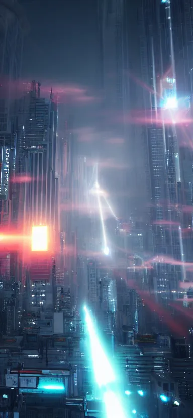 Image similar to unreal engine 5 render of a city with lasers coming out of the clouds, digital art ”