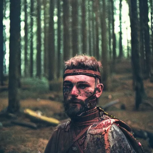 Image similar to close up kodak portra 4 0 0 photograph of a roman legimeer after the battle standing in dark forest, moody lighting, telephoto, 9 0 s vibe, blurry background, vaporwave colors, faded