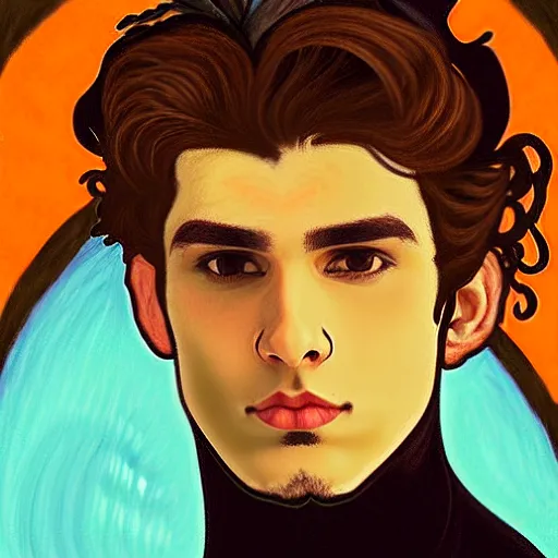 Image similar to painting of young cute handsome beautiful dark medium wavy hair man in his 2 0 s named shadow taehyung at the halloween pumpkin jack o'lantern party, melancholy, autumn colors, japan, elegant, clear, painting, stylized, delicate, soft facial features, delicate facial features, soft art, art by alphonse mucha, vincent van gogh, egon schiele