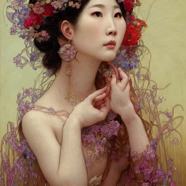 Image similar to A portrait of The bride in a Chinese wedding by Ross Tran!!! and alphonse mucha and greg rutkowski! and Gustave Doré!! and Zdzisław Beksiński!,In style of Impressionism.Symmetry.Highly detailed face.Fantasy,smooth,hyper detailed,sharp focus,Soft light.trending on artstation.oil on canvas