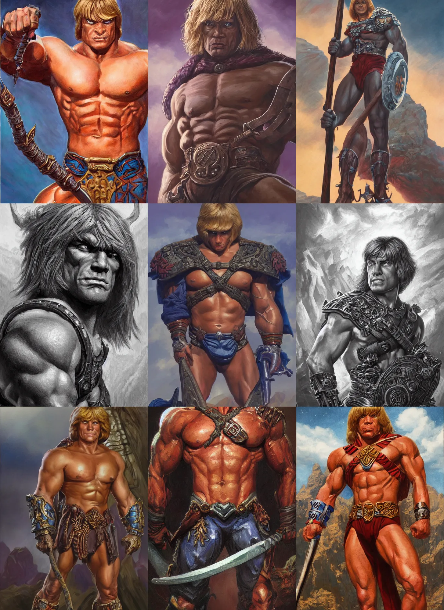 Prompt: he - man, closeup portrait, sci fi, fantasy, intricate, with german iron cross on bare chest, stoic, loin cloth, highly detailed, oill painting, artstation, concept art, matte, sharp focus, painting by earl norem and lev lagorio