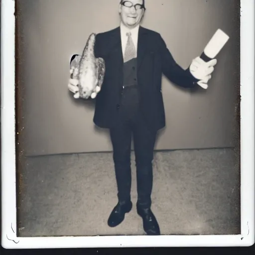 Image similar to a dapper man posing excitedly with a giant pickle Polaroid