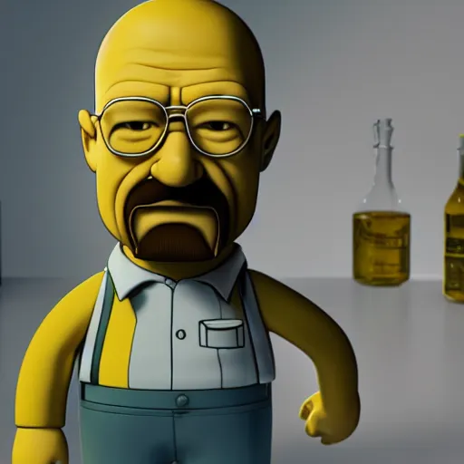 Prompt: walter white doing chemistry stuff in the simpsons, digital art, octane render