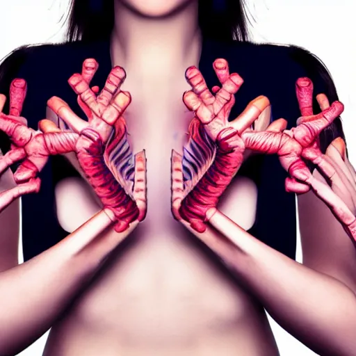 Prompt: striking digital photo of a beautiful four arms female model with an extra pair of arms and four hands. beautiful half - length portrait, cool background, photorealistic, surreal anatomy