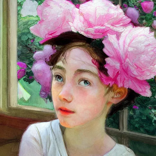 Prompt: a girl in a hat with peonies looks out the window at a blooming garden, rear view, art by vrubel, highly detailed, digital painting, artstation, matte, sharp focus