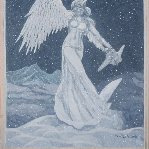 Prompt: winged valkyrie, snowy ground