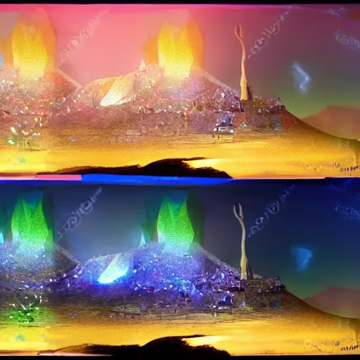 Image similar to a diamond mine, lots of diamonds unearthed, a lights is being reflected all around the dark cave mine, luminous Color’s, concept art.