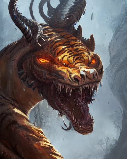 Prompt: A tiger as a dragon, scare, highly detailed face, full body, fantasy art, monster art, in the style of greg rutkowski, illustration, epic, fantasy, intricate, hyper detailed, artstation, concept art, smooth, sharp focus, ray tracing