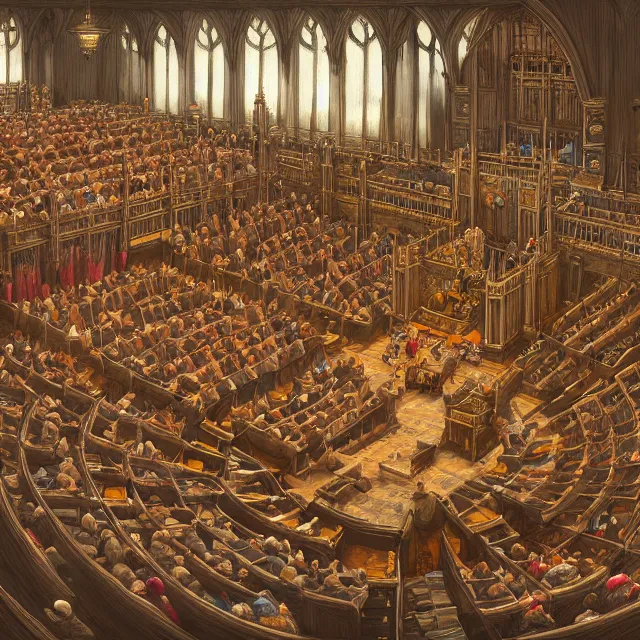 Prompt: an isometric digital painting of the chamber of the house of lords by justin gerard, paul bonner, highly detailed, volumetric lighting, digital art, isometric, artstation hd