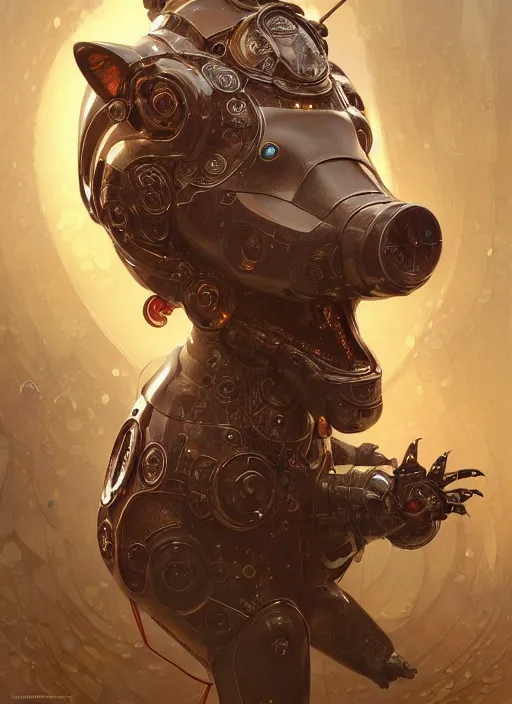 Image similar to robotic pig, d & d, wet, shiny, fantasy, intricate, elegant, extremely higly detailed, ultra definition, digital painting, artstation, baroque, concept art, smooth, sharp focus, illustration, art by artgerm and greg rutkowski and alphonse mucha