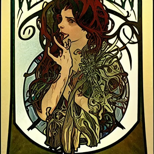 Image similar to lovecraftian protagonist by alphonse mucha