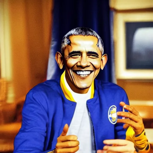 Image similar to realistic photo of casual barack obama wearing a royal blue varsity jacket with yellow sleeves