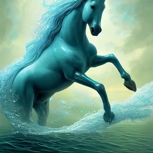 Image similar to a fantastical transparent small turquoise spirit horse made of water and foam and algae, splashing water, wave, translucent, ethereal, noble, radiant, hyperalism, scottish folklore, digital painting, artstation, concept art, smooth, 8 k frostbite 3 engine, ultra detailed, art by artgerm and greg rutkowski and magali villeneuve