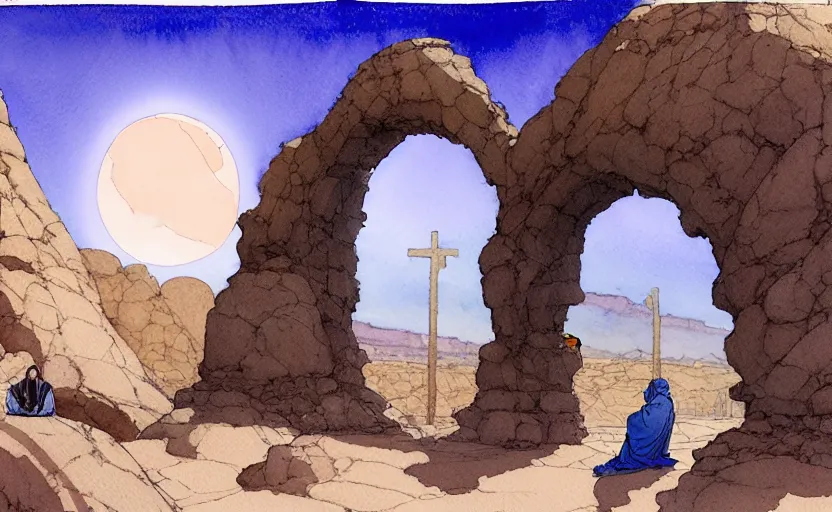 Image similar to a hyperrealist watercolour concept art of a desert night. through a large rock arch is a time portal to a clear blue sky. a medieval monk in grey robes is kneeling in prayer below it on a desert road at night. by rebecca guay, michael kaluta, charles vess and jean moebius giraud. high detail, hq, wide shot