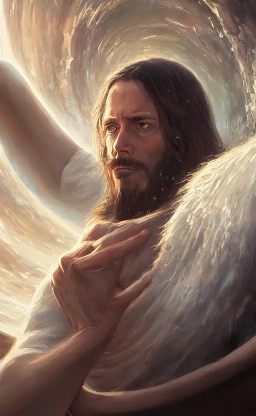 Image similar to jesus looking into a portal hopping and time warping with reckless abandon, surrounded by eyes, dramatic scene, masterpiece digital painting by Greg Rutkowski, Alex Grey, artstation, 4k wallpaper