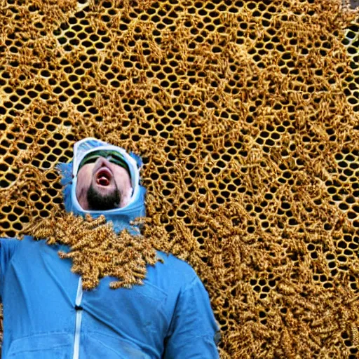 Image similar to man covered in bees, screaming and flailing